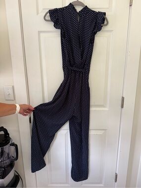 Monteau Women's Navy Polka Dot Pantsuit with Tie Waist